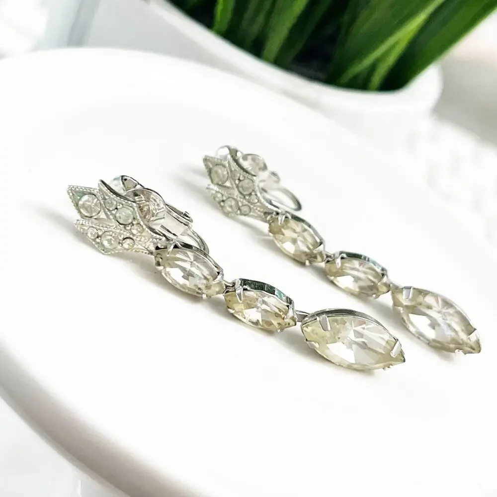 Eisenberg Vintage Crystal Drop Clip Art Nouveau Style Earrings